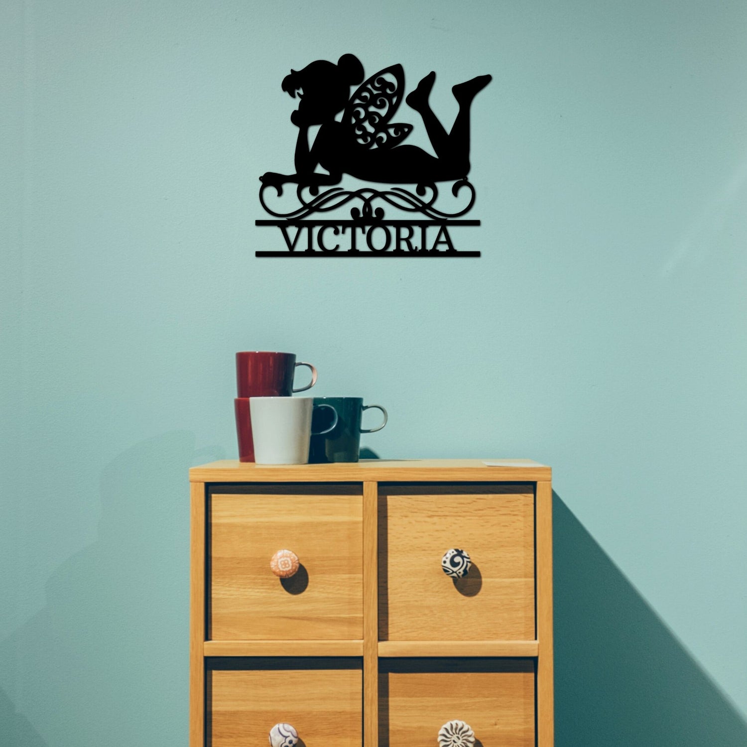 Children room wall decor personalized fairy monogram wall art "victoria" in black powder coat 