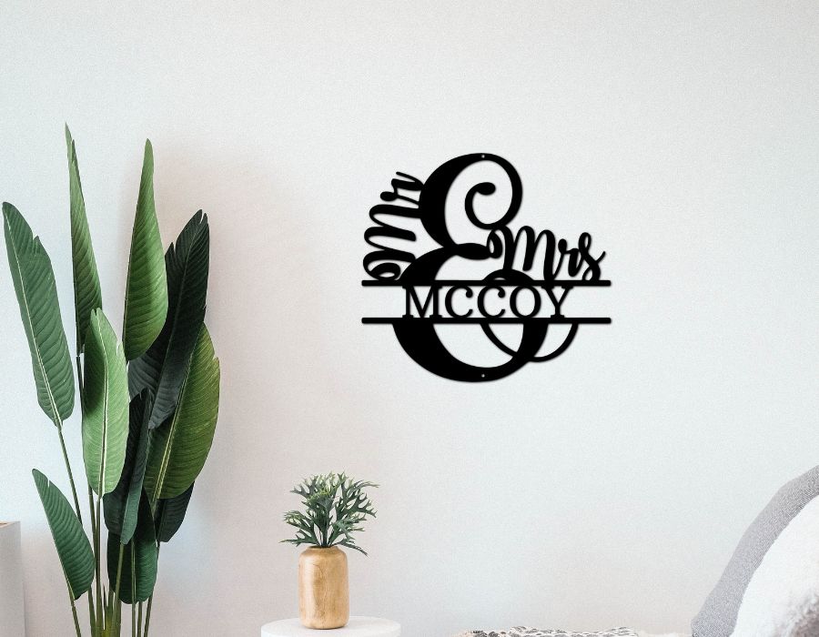 5 Benefits of Decorating your Home with Metal Wall Art Blog - Personalized Mr & Mrs Metal home decor monogram in black powder coat on display in living room